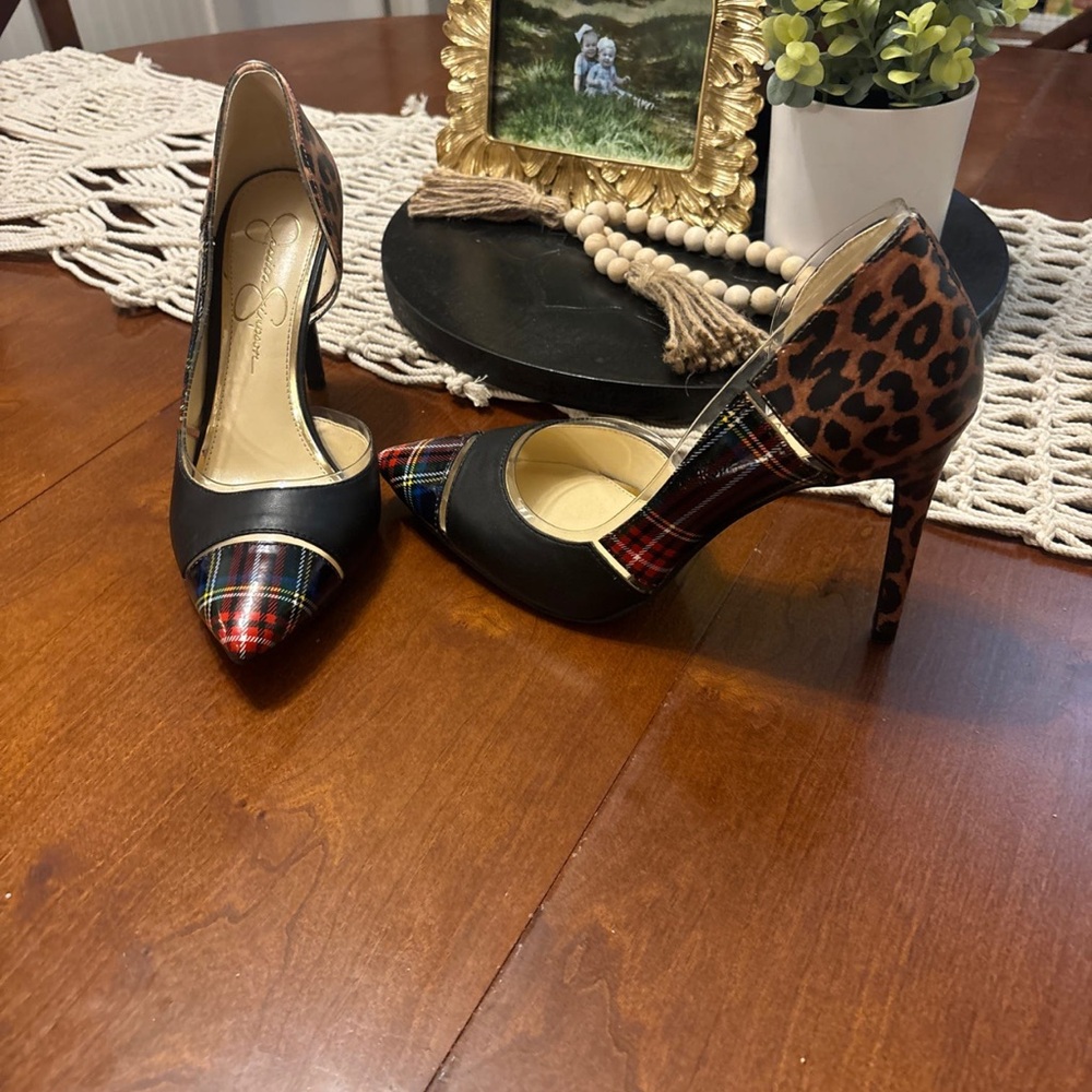 Jessica Simpson Black and Brown Plaid Heels
